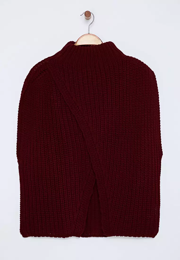 Burgundy Stand Collar Slit Knitwear Sweater