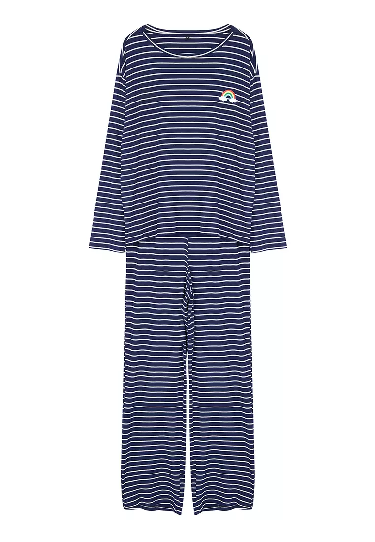 Navy Blue Striped Rainbow Printed Viscose Knitted Pajama Set THMAW25PT00014