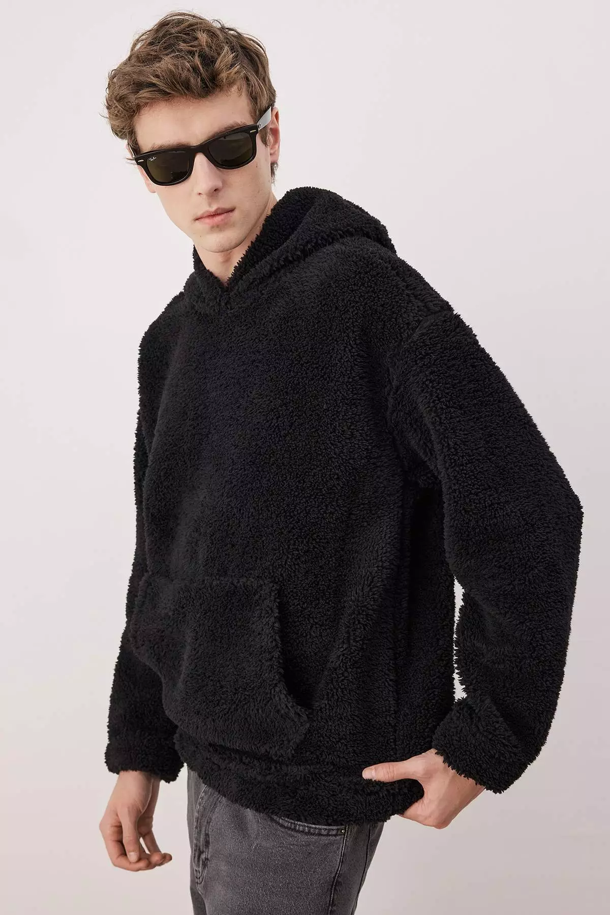 Black Unisex Oversize/Wide Cut Patterned Sherpa Fleece/Plush Hooded Sweatshirt TMNAW25SW00147
