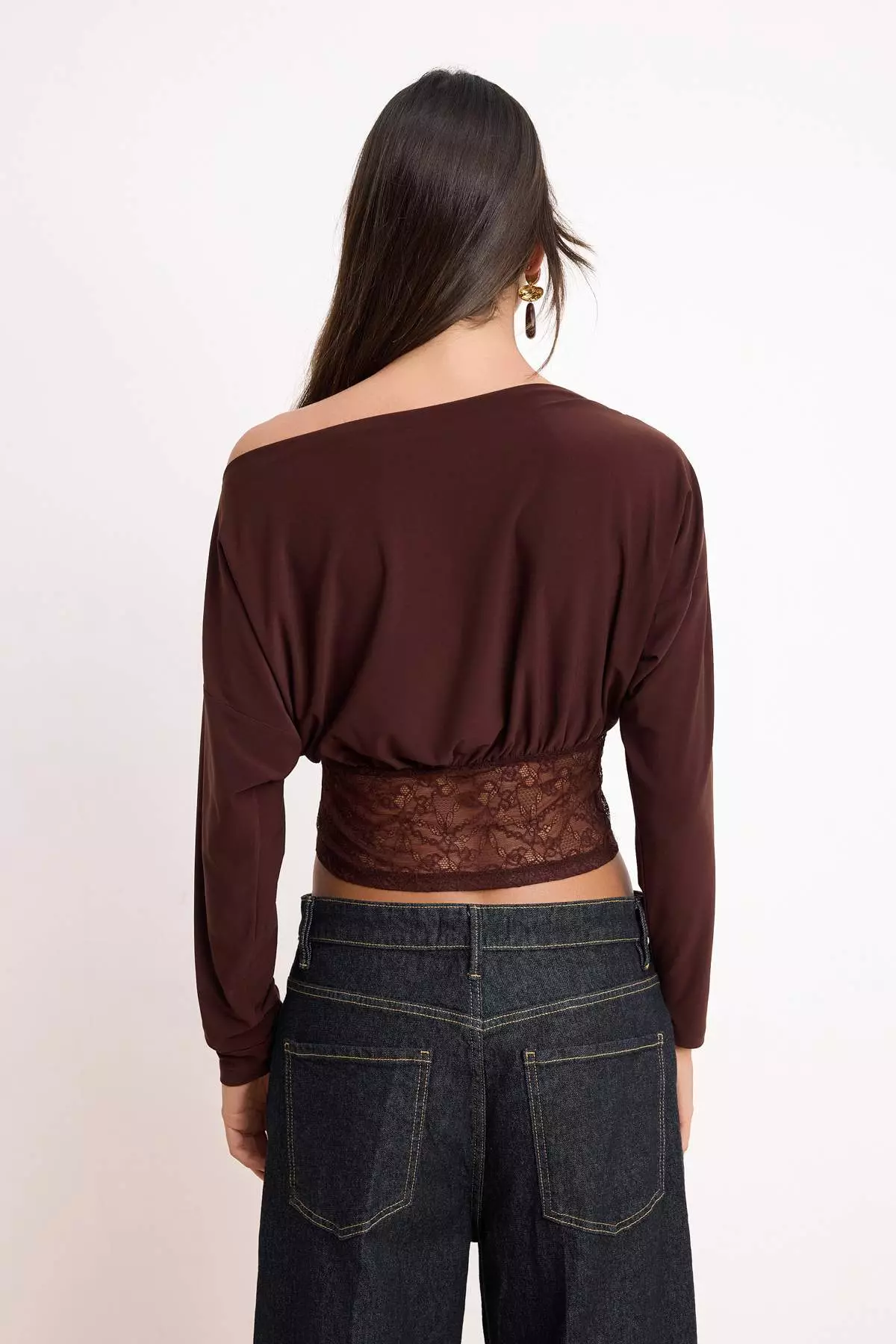 Brown Asymmetric Collar Lace Paneled Party Blouse Tprss26Bz8