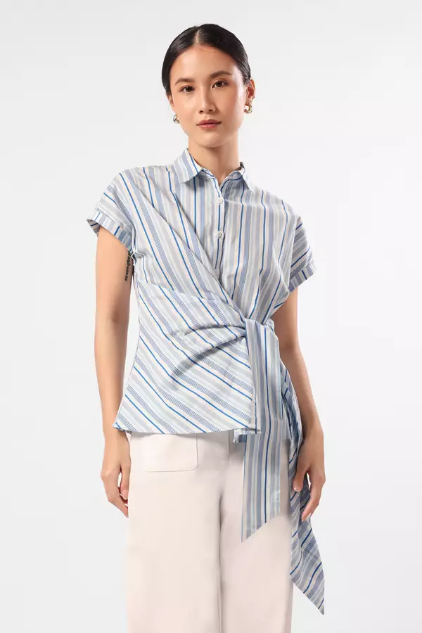 Minimal x Devina Putri - Kelye - Blus Pita Motif garis - Blue Colour Blue