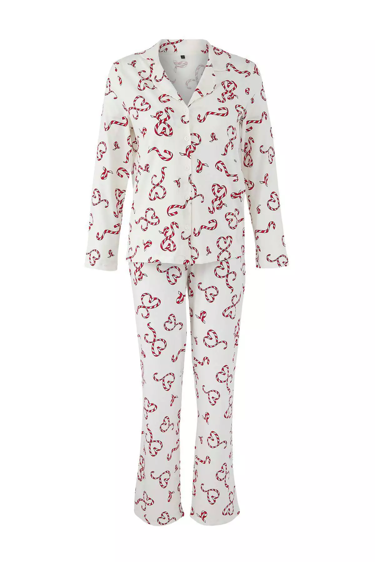 Ecru 100% Cotton Heart-Shaped New Year's Patterned Shirt Collar Knitted Pajama Set Thmaw26Pt00064