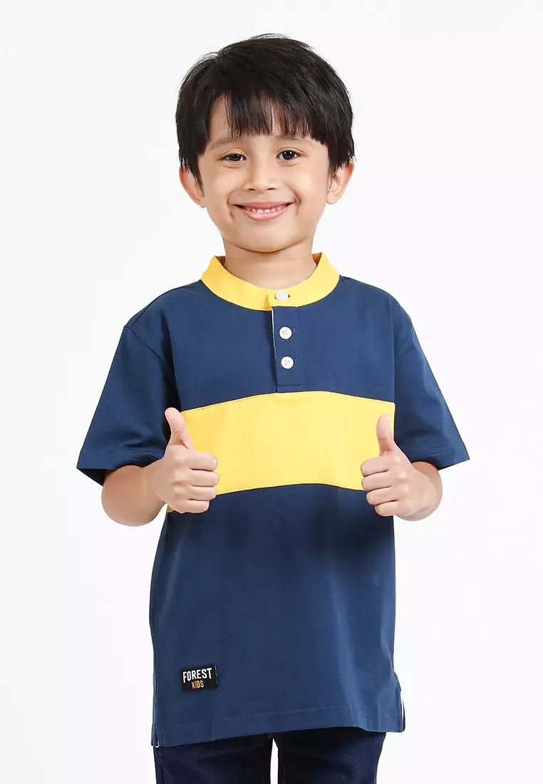 Forest Kids Premium Weight Cotton Stretchable Mandarin Collar T Shirt Men | T Shirt Baju Budak Lelaki - FK20170-30Blue