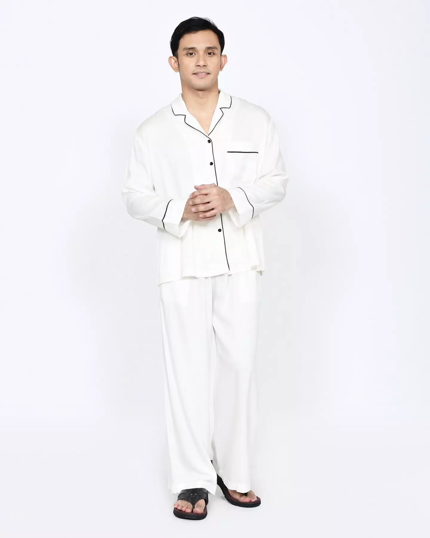 Setelan Baju Tidur Panjang Piyama Pria Plain [PUTIH] One Set Sleepwear Pajamas Material Katun Size M-XXL