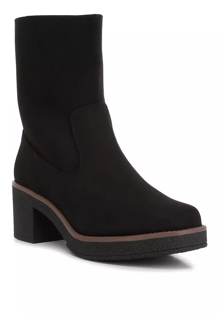 Black Block Heel Micro Suede Boots