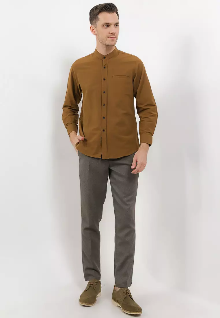 Kemeja Pria Polos Katun Sigaret Lengan Panjang Brown Exclusive Premium