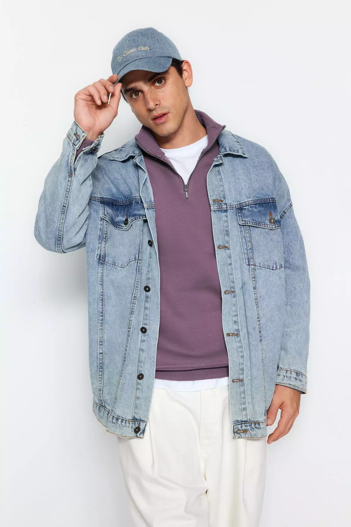 Purple Regular/Normal Cut Stand Collar Zippered Cotton Basic Polar Fleece Sweatshirt TMNAW24SW00041