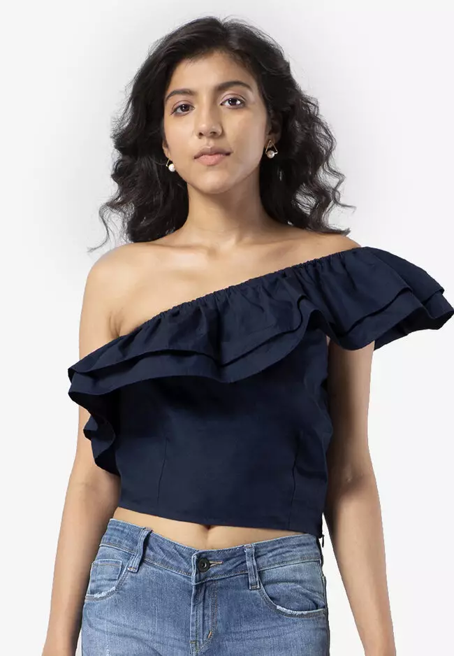 Ruffled One Shoulder Long Sleeve Top