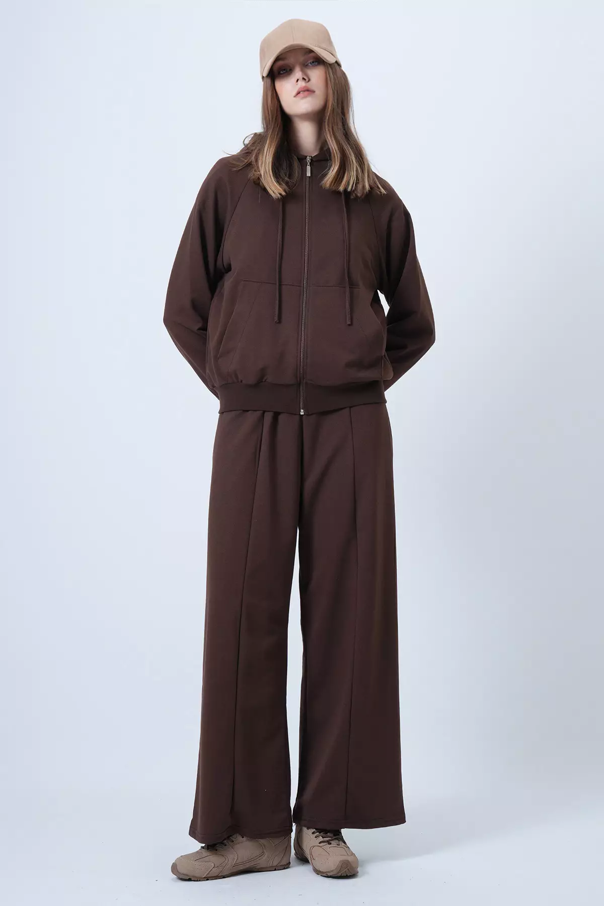 Brown Hooded Zippered Jacket And High-Waisted Wide-Leg Pants Set Alc-X14606
