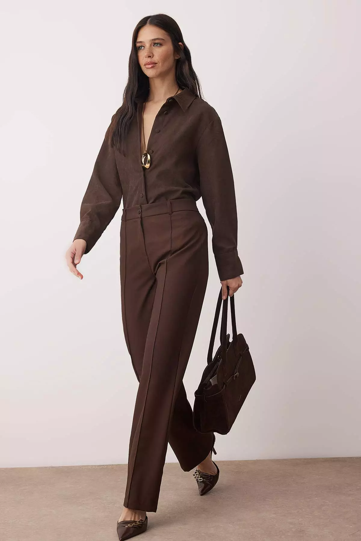 Dark Brown Straight/Straight Cut High Waist Ribbed Stitching Woven Trousers Twoss21Pl93