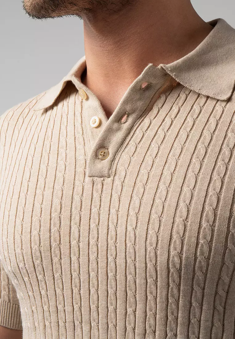 Mens Cable Knit Cotton Polo Beige