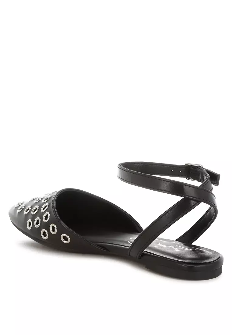 Metallic Eyelet Detail Flat Sandals In Black