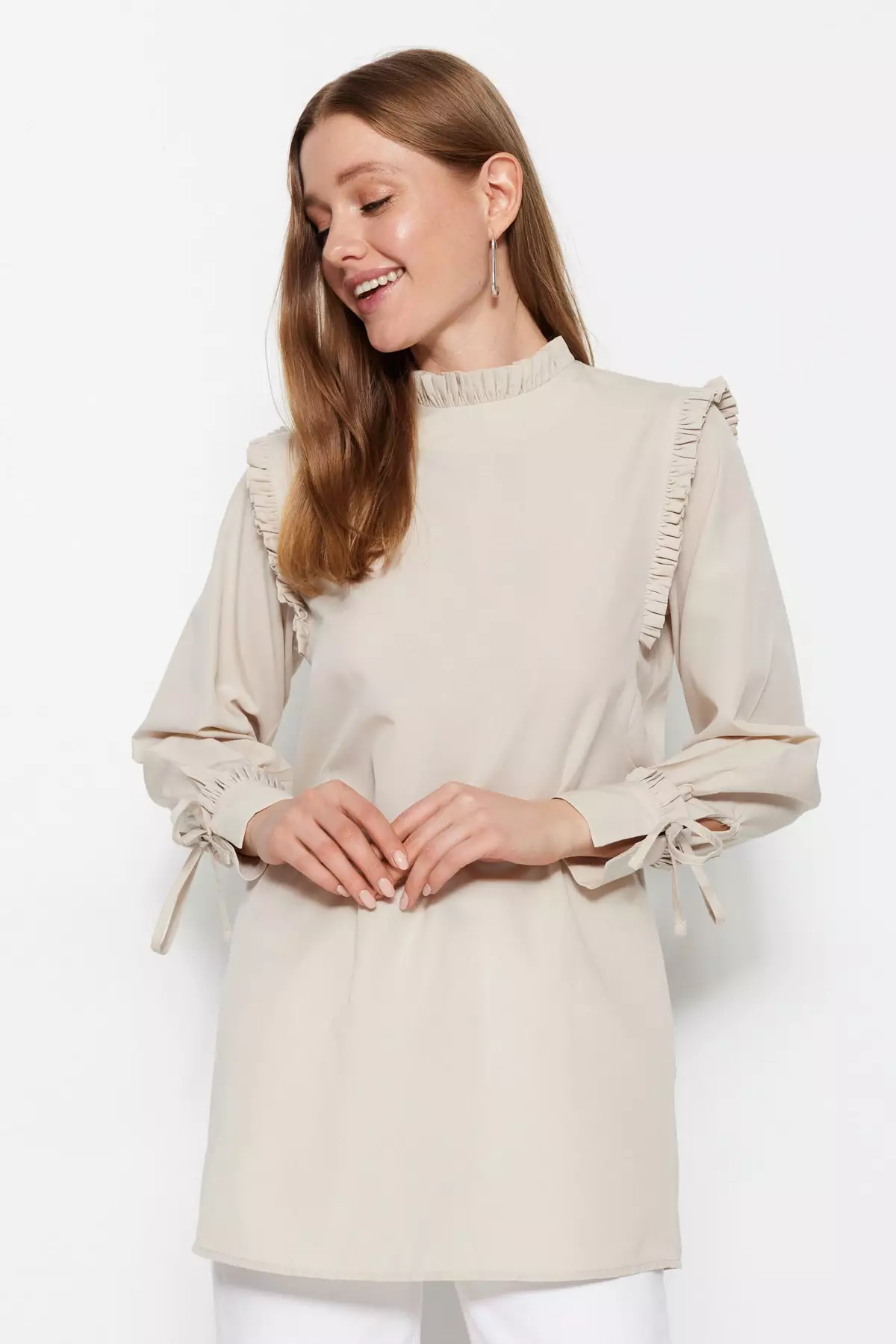 Woven Tunic with Ruffle Shoulder and Cuff