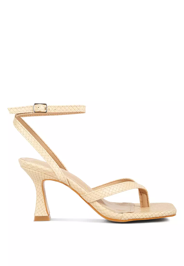 Discount on London Rag  shoes - SKU: Beige Ankle Strap Spool Heel Thong Sandals