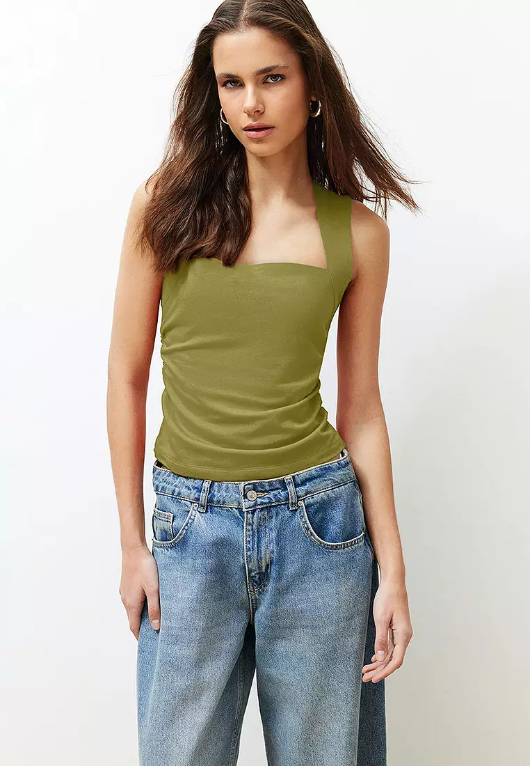 Oil Green Plain Square Neck Strappy Gathered Fitted Flexible Knitted Blouse