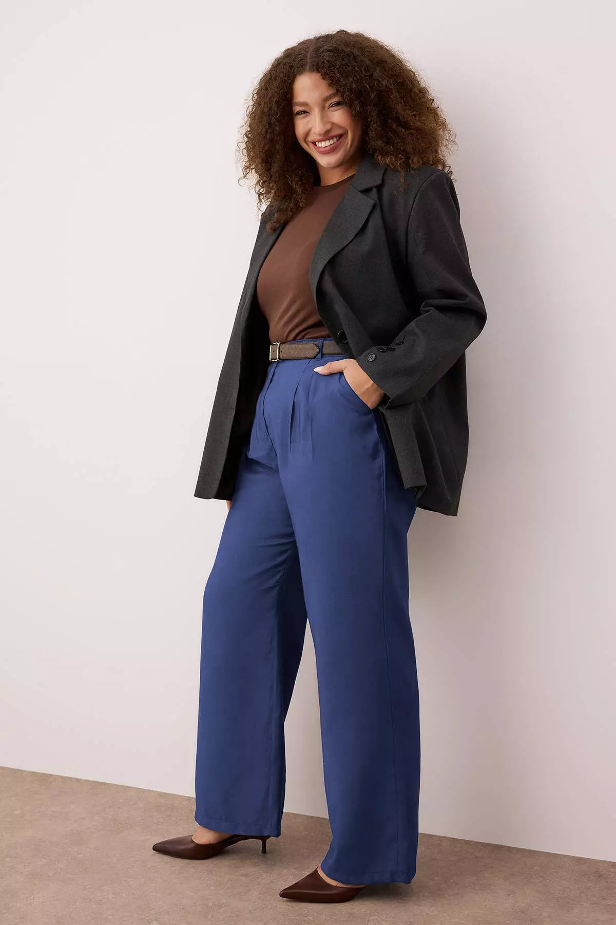 Navy Blue Double Pleated High Waist Wide Leg Summer Woven Pants Tbbss25Ar00021