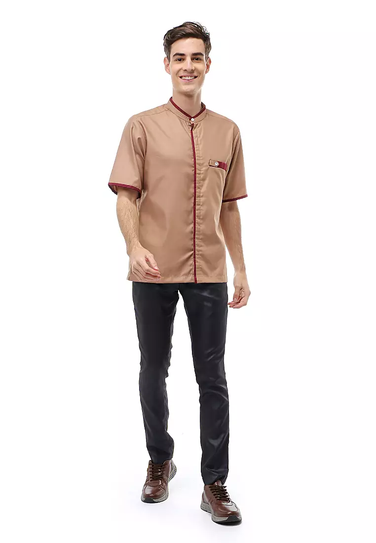 Dwan Atasan Formal Pria Kemeja Koko Polos Lengan Pendek Material Cotton ORIGINAL - Mocca