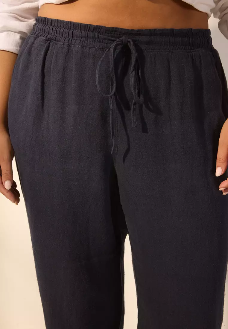 Navy Blue 100% Linen Woven Plus Size Wide Leg Trousers TBBSS25AR00043