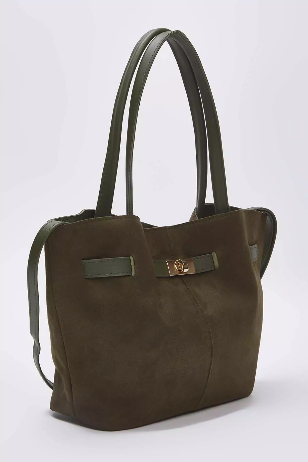 Khaki Soft Suede Handle And Crossbody Shoulder Bag