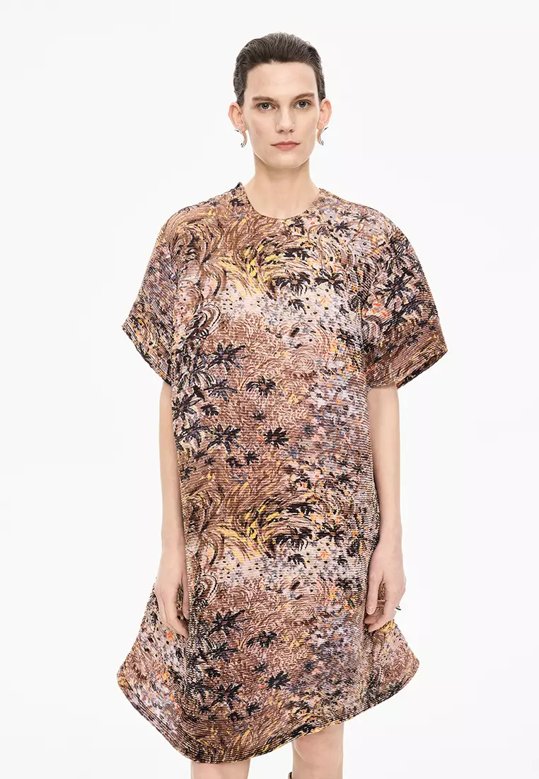 混纺图案元素A型压褶短袖连衣裙