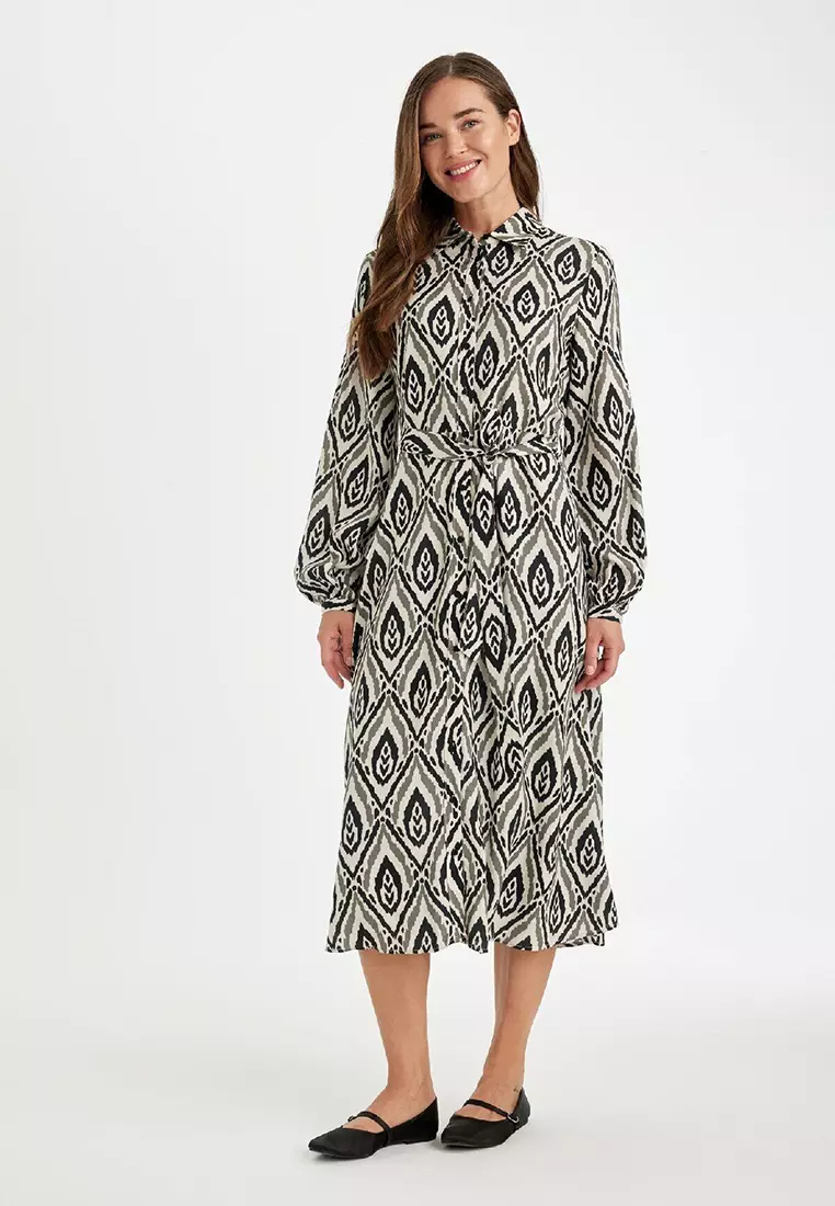 Printed Waist-Tie Midi Dress