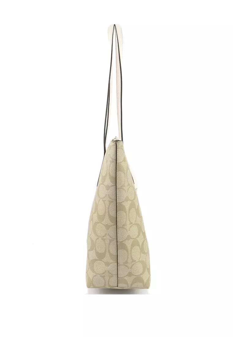 Zip Top Tote In Signature Light Brown/White - Brown