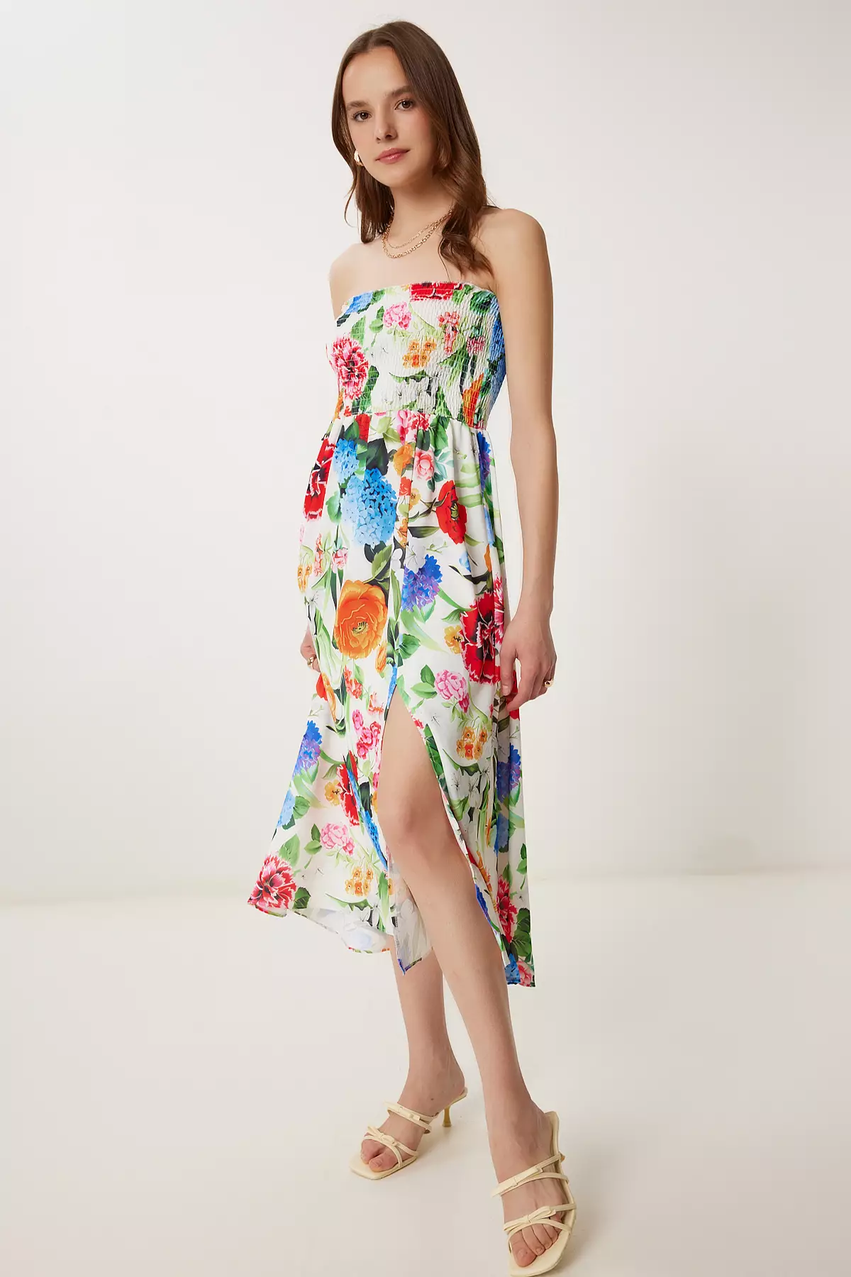 Women's Pink Bone Flower Pattern Strapless Woven Dress Jh00057