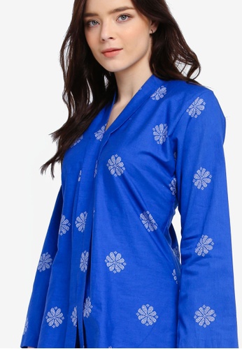 Buy Cotton Tradisional Kebaya With Songket Print (Tabur) from Kasih in Blue and Silver only 199