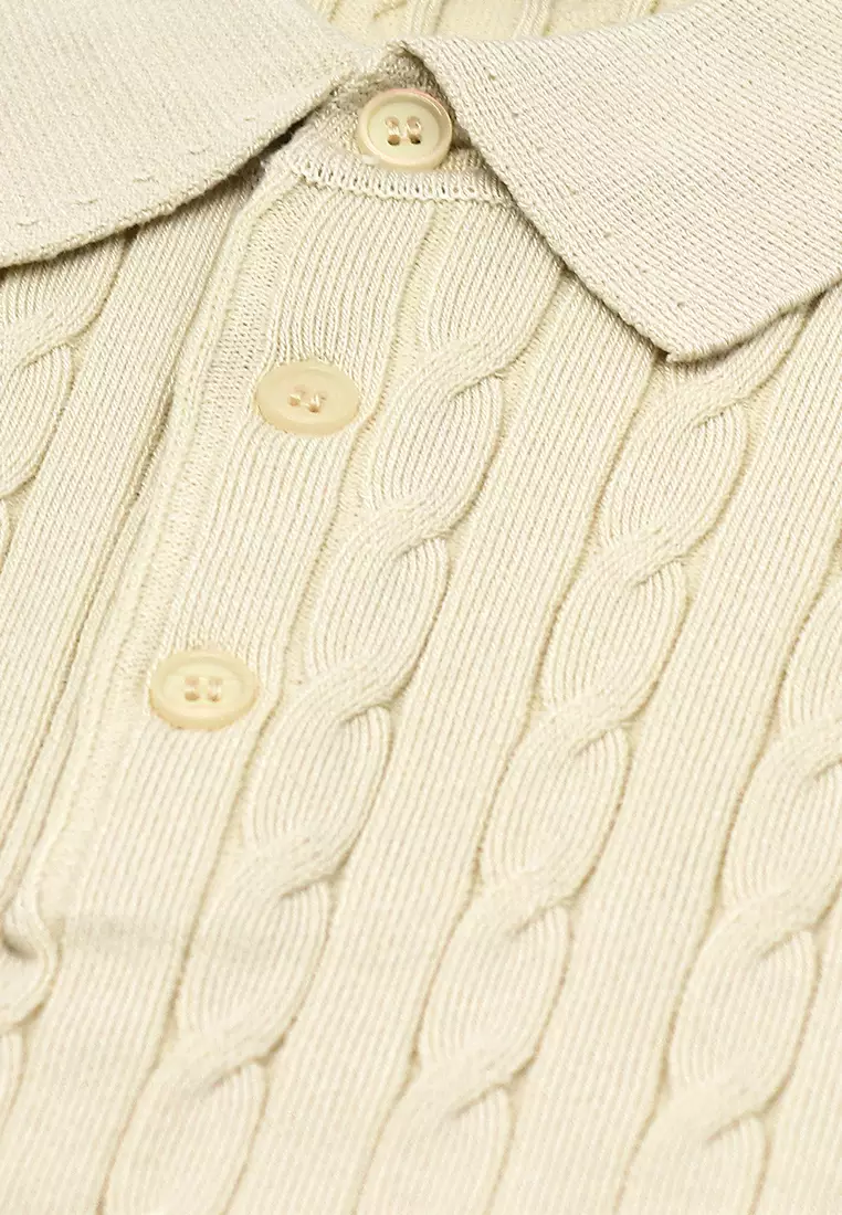 Men's Cable Knit Poloshirt - Light Apricot