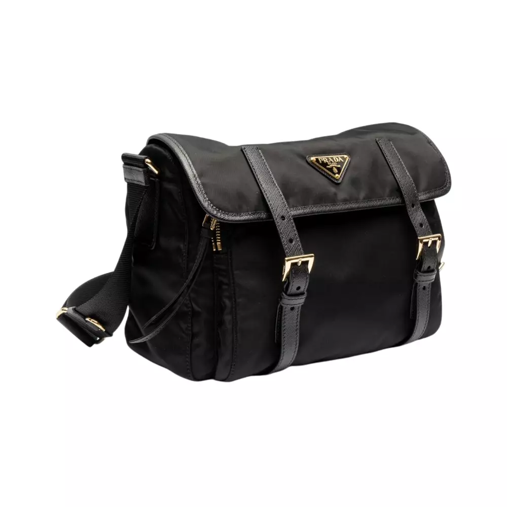 Re-Nylon and Saffiano Leather Messenger Bag Black