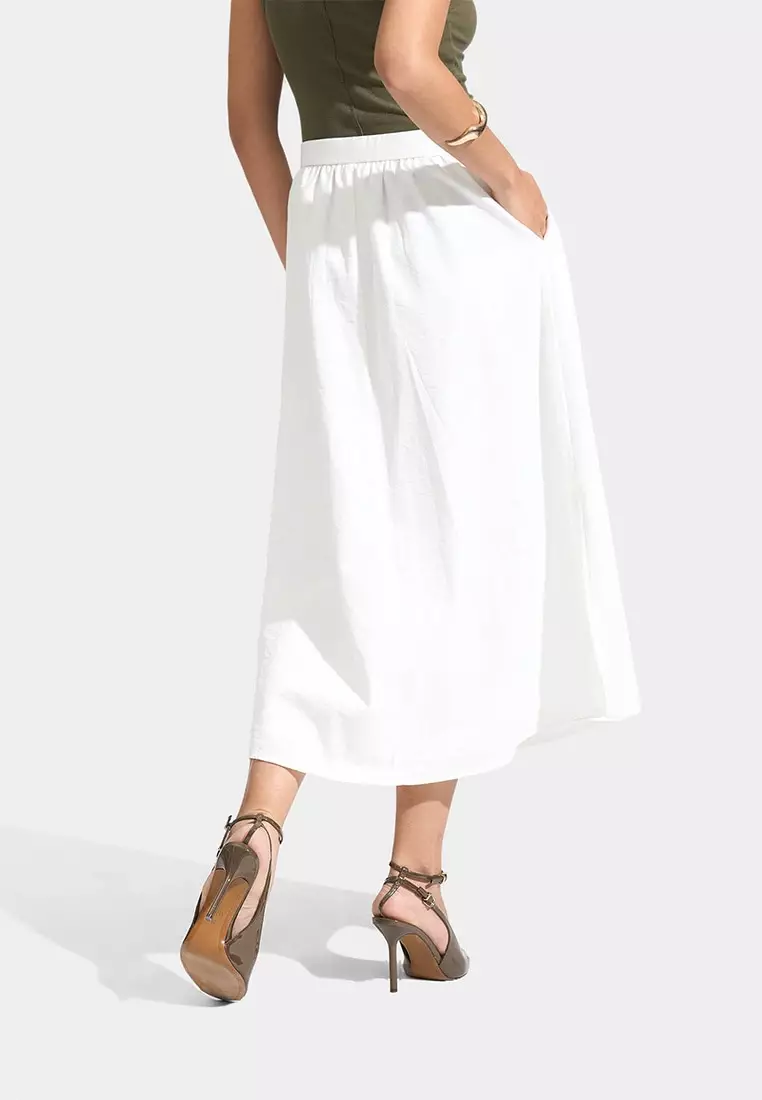 Crumpled Linen Midi Skirt With Side Slit Detail