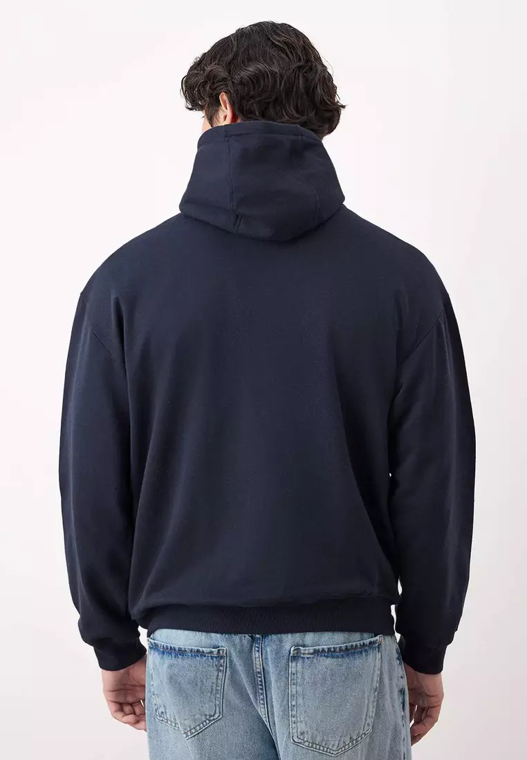 Navy Blue Oversize/Wide Cut Zippered Warm Hooded Sweatshirt-Cardigan