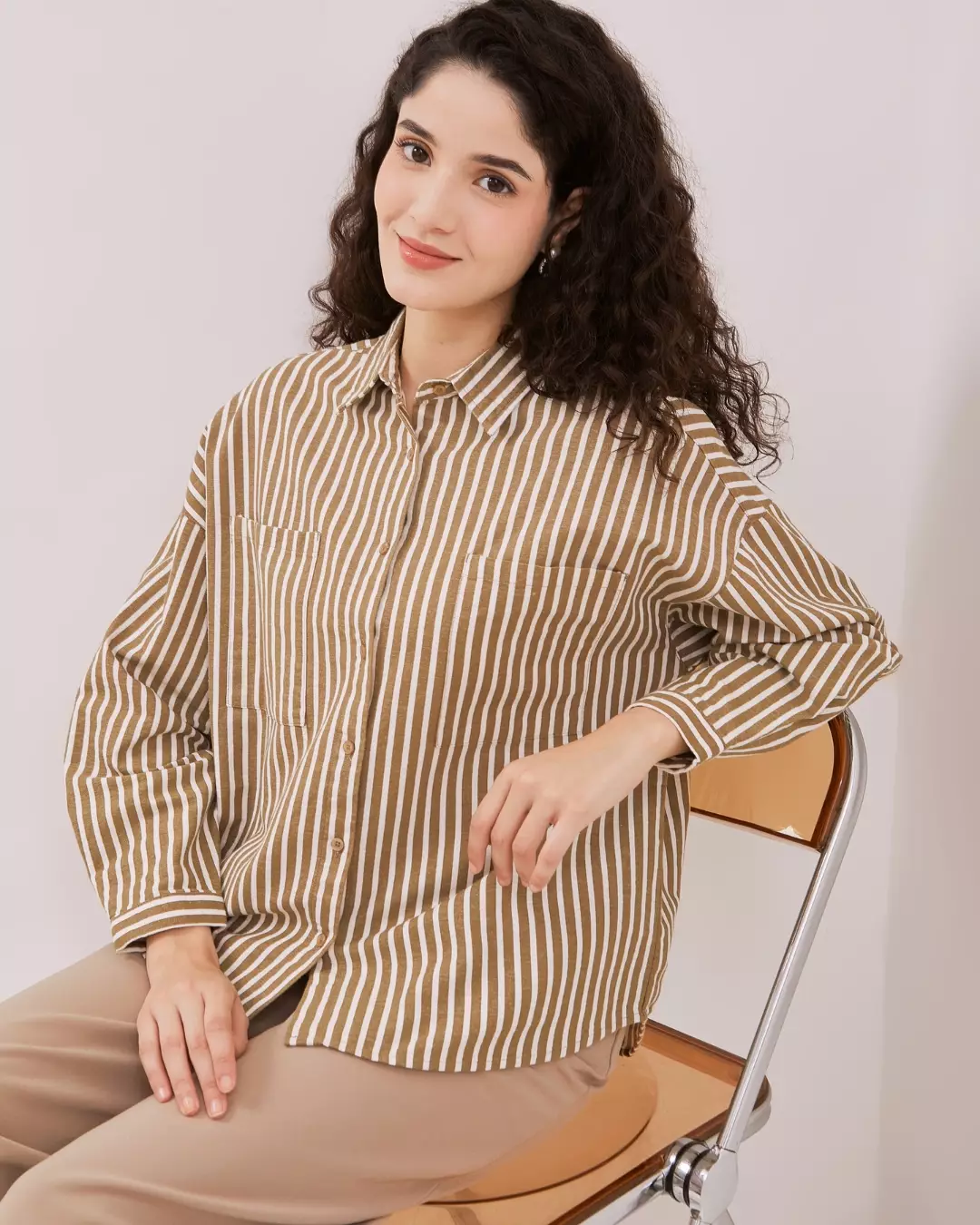 Urban Exchange Anisa Light Brown Shirt - Kemeja Oversize Stripe Garis Lengan Panjang Warna Light Brown