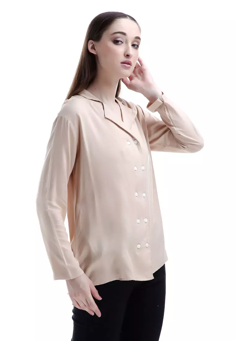 Arabelle Kemeja Kasual Motif Solid Long Sleeve Shirt Woman - Cream