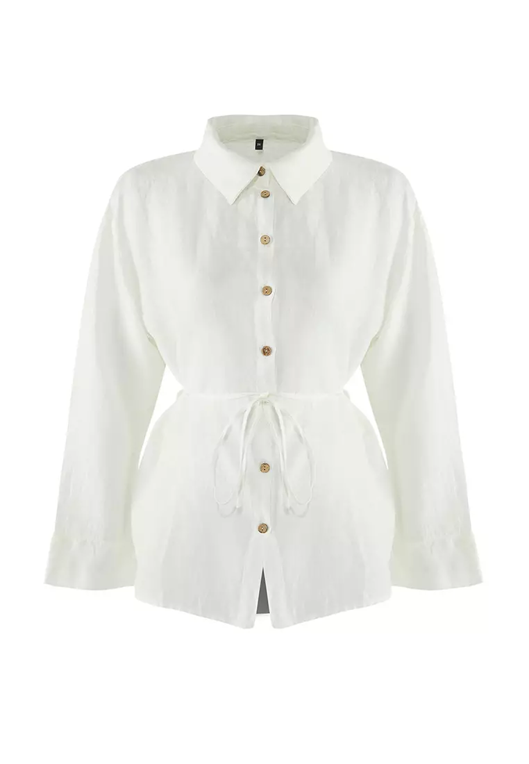White Woven 100% Linen Tied Beach Shirt TBESS25GO00015
