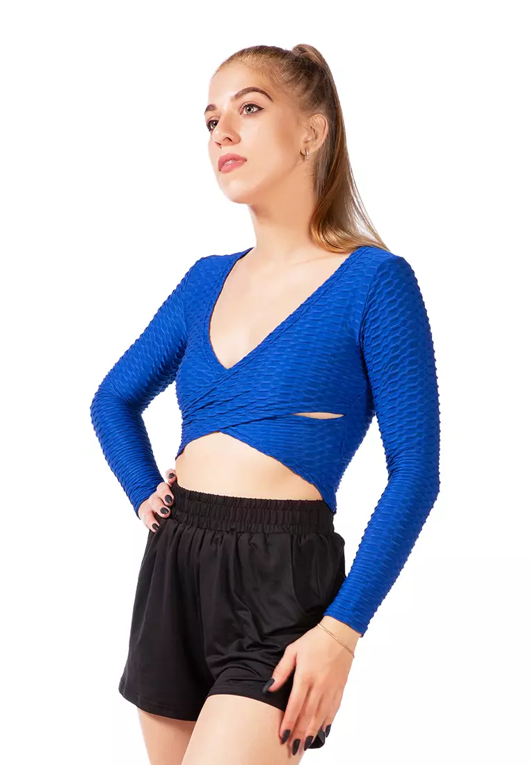 V-Neck Wrap Yoga Crop Top dengan Warna Biru