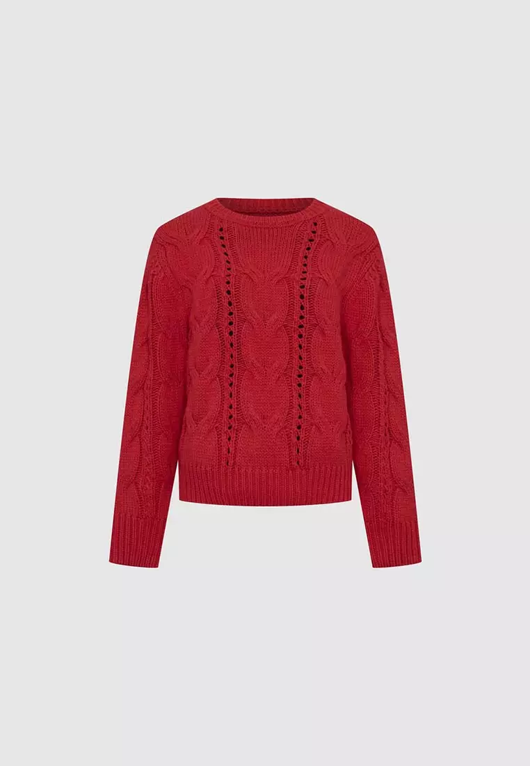 UR春季新款女装红色镂空绞花肌理感针织衫UYL950012