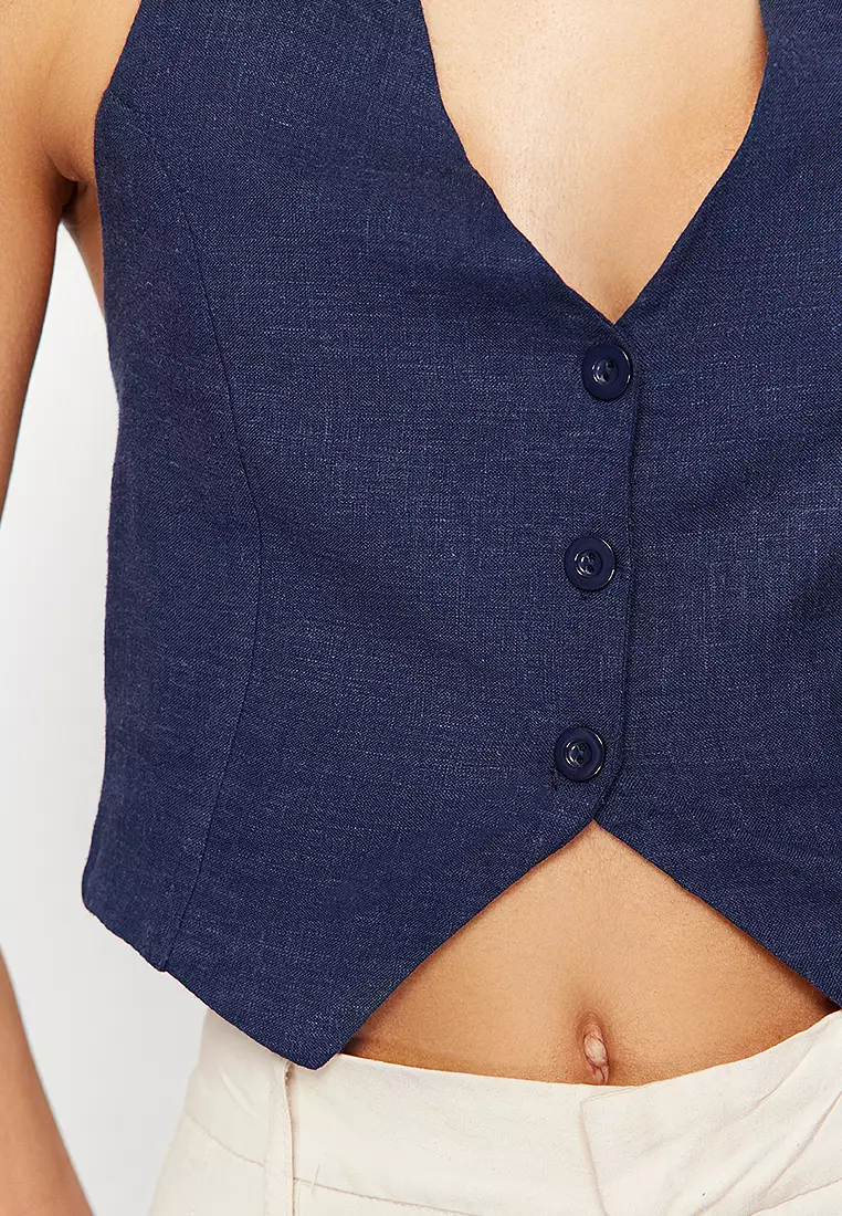 Indigo Halter Neck Gathered Back Cotton Linen Crop Woven Blouse