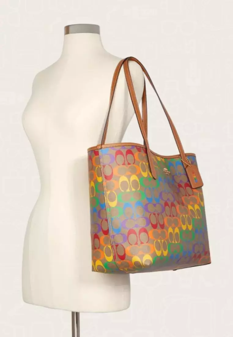 Coach City Tote Bag In Rainbow Signature Canvas Light Saddle Multi