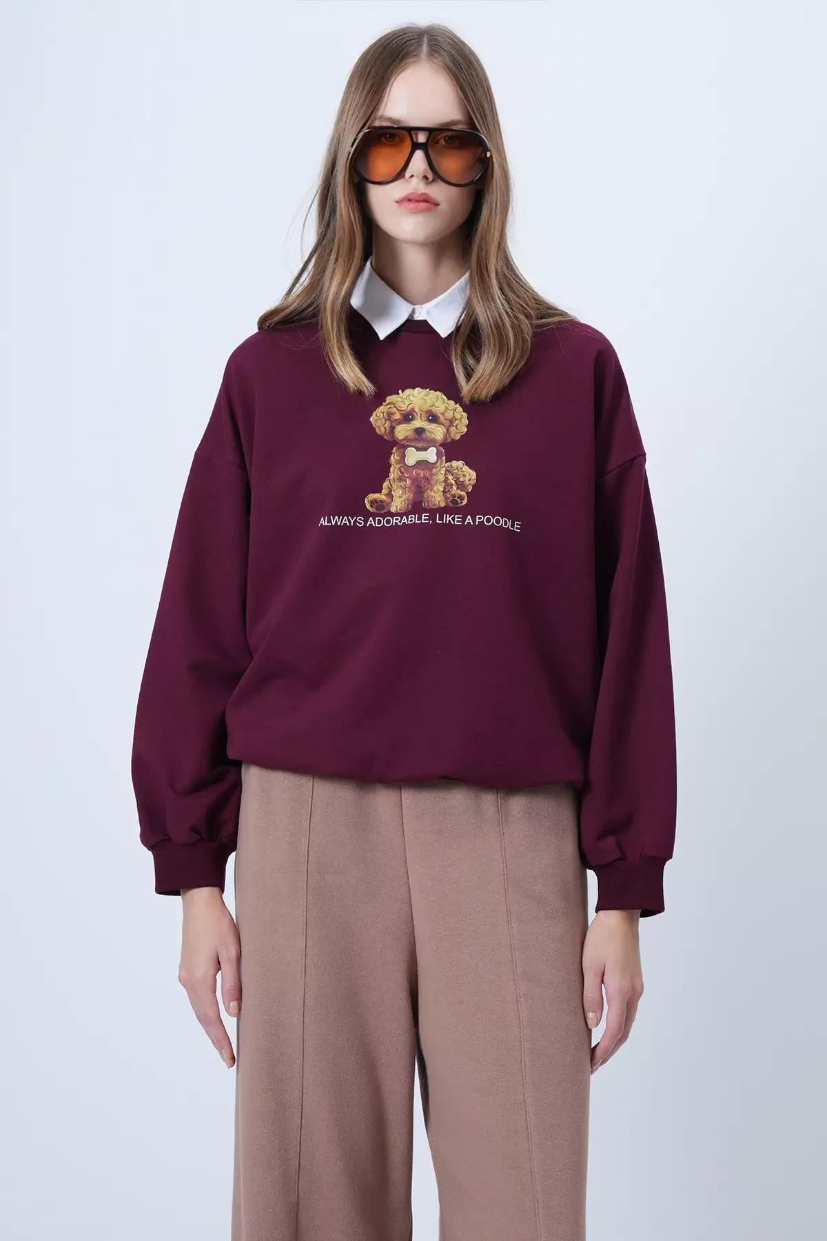 Women'S Burgundy Front Printed Oversize Cotton Sweatshirt Alc-X14651