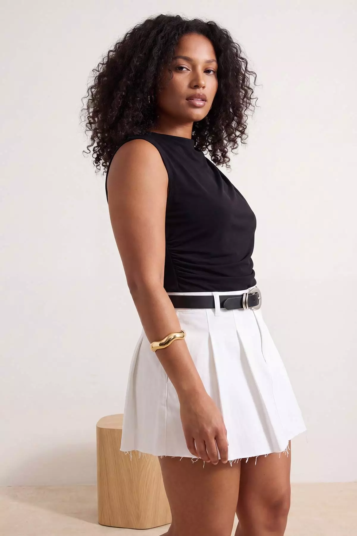 Black Mock Neck Ruched Detail Sleeveless Knitted Large Size Blouse Tbbss26Af0006