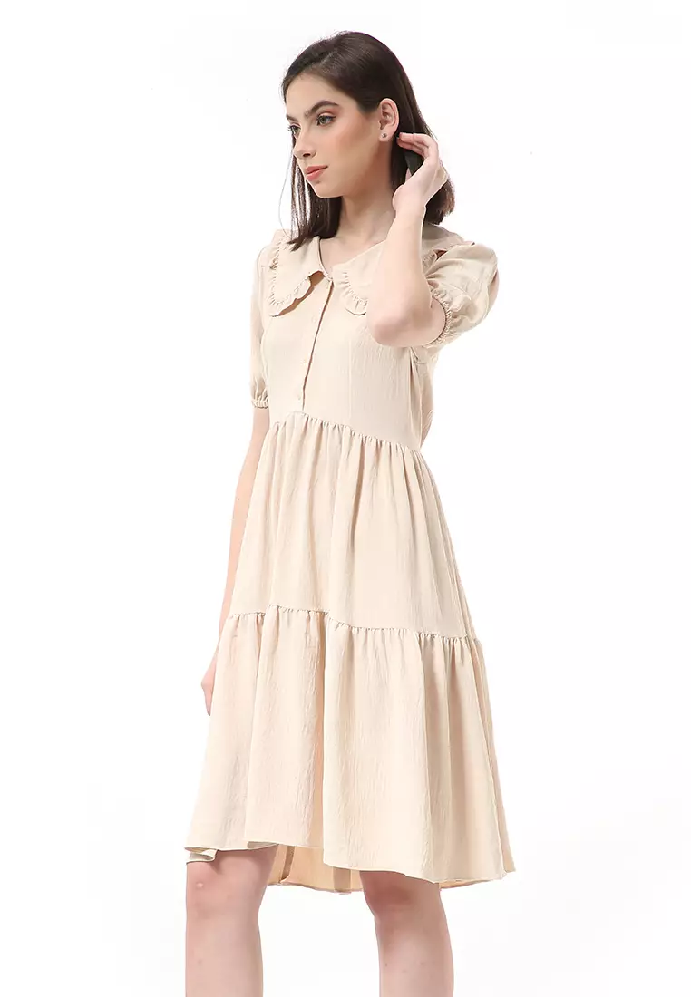 Rachel Dress Rample Wanita Collar Vintage Button Layer Trap Lengan Pendek Material Cey Flow ORIGINAL - Cream