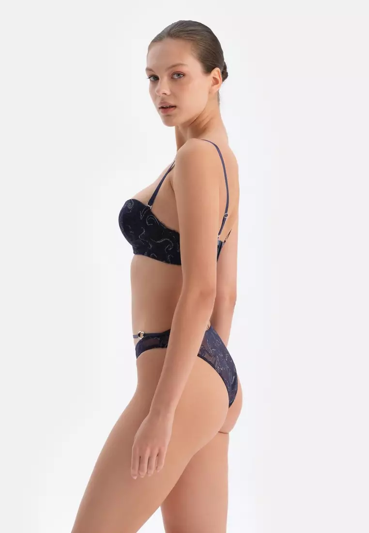 Navy Lace Push-Up Bra, Geometric Patterned, Strapless, Push-up, Underwire, Underwear for Women