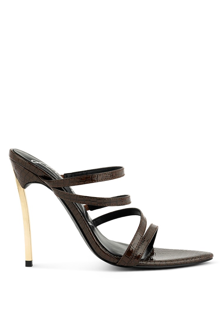 Espresso Pointed Croc Textured High Heeled Sandals