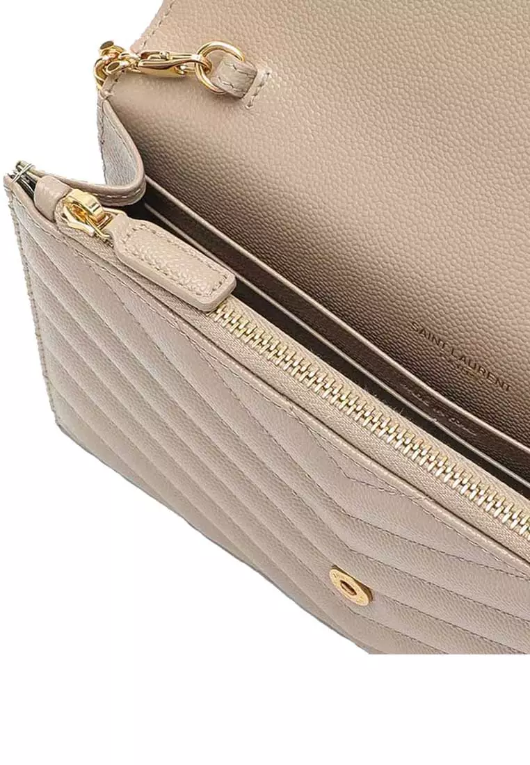 YSL Matelasse Envelope Chain Wallet In Grain De Poudre Embossed Leather Dark Beige/Gold 742920BOW01