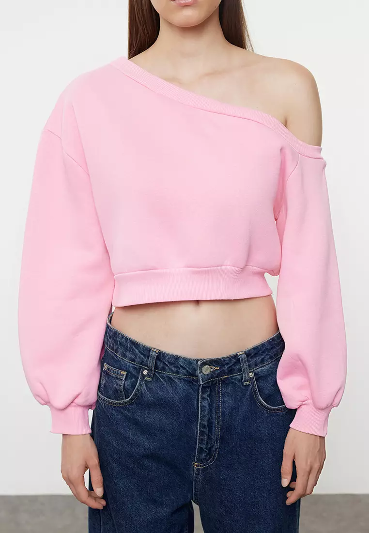 Pink Asymmetric Collar Fleece Crop Sweatshirt Thick Inside Regular Fit