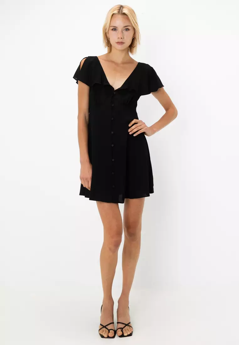 Flutter Sleeve Mini Tea Dress With Buttons