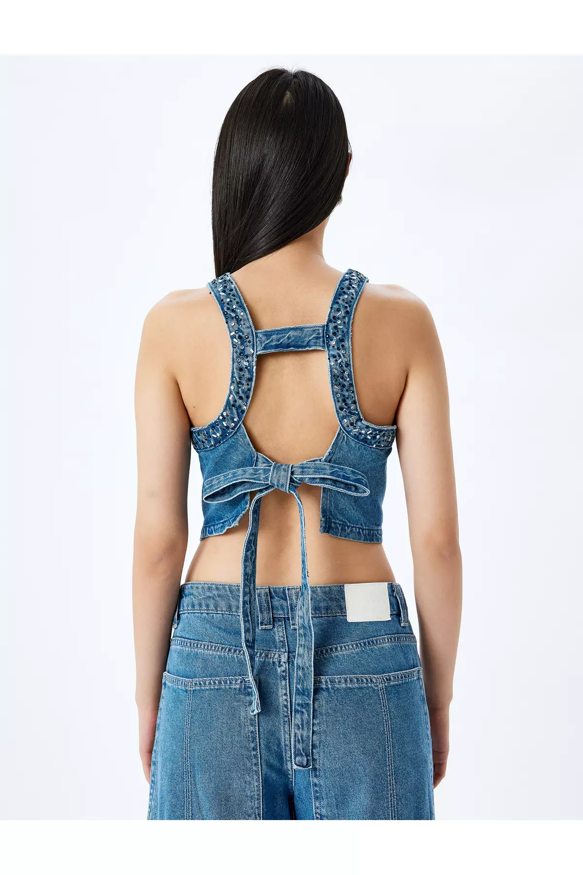 Stone Detailed Back Lace Up Crop Sleeveless Denim Blouse