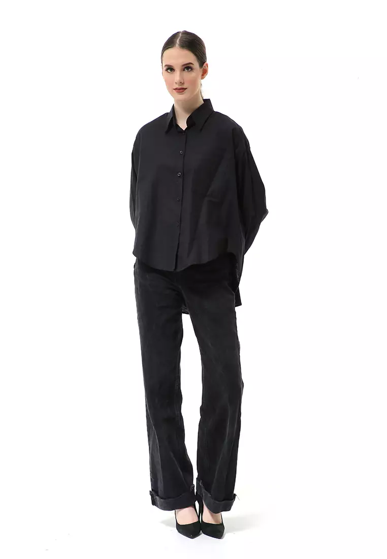 Nandira Kemeja Atasan Wanita Oversize Motif Polos Long Sleeve - Hitam