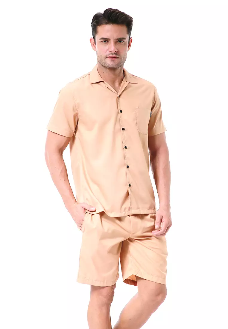 Deon Piyama Pria Plain Motive Kemeja One Set Lengan Pendek Material Cotton ORIGINAL - Cream